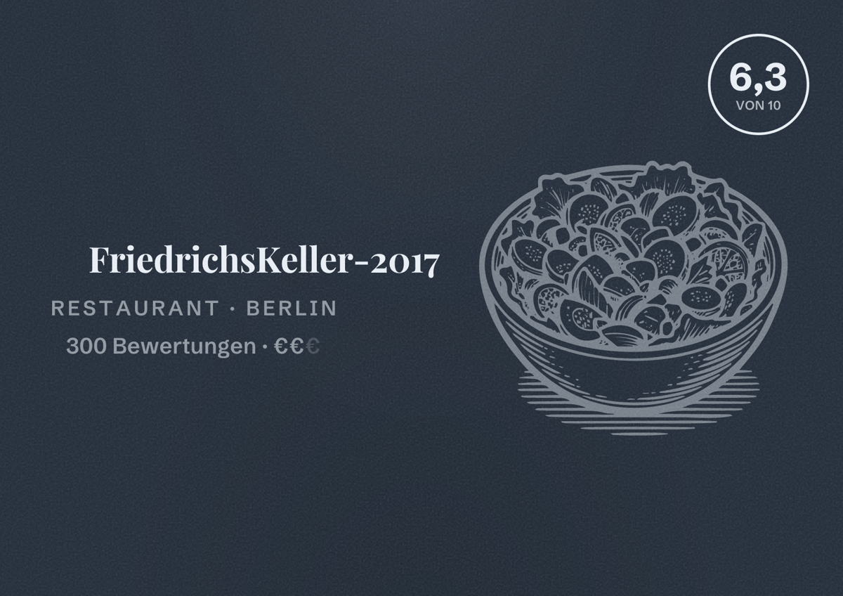 Illustriertes Poster von FriedrichsKeller-2017, Restaurant in Berlin: Bewertung 6,3 von 10 aus 300 Bewertungen, Preisniveau €€