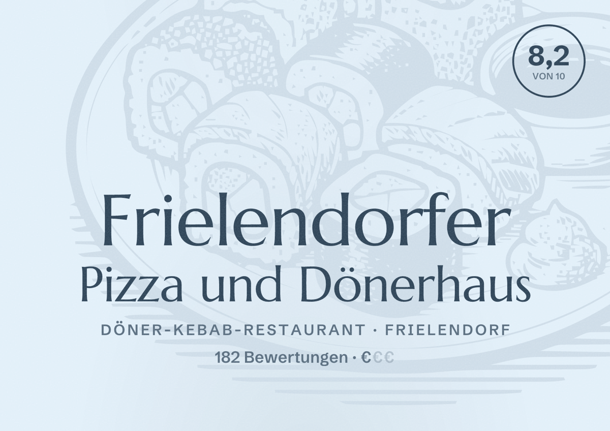 Illustriertes Poster von Frielendorfer Pizza und Dönerhaus, Döner-Kebab-Restaurant in Frielendorf: Bewertung 8,2 von 10 aus 182 Bewertungen, Preisniveau €