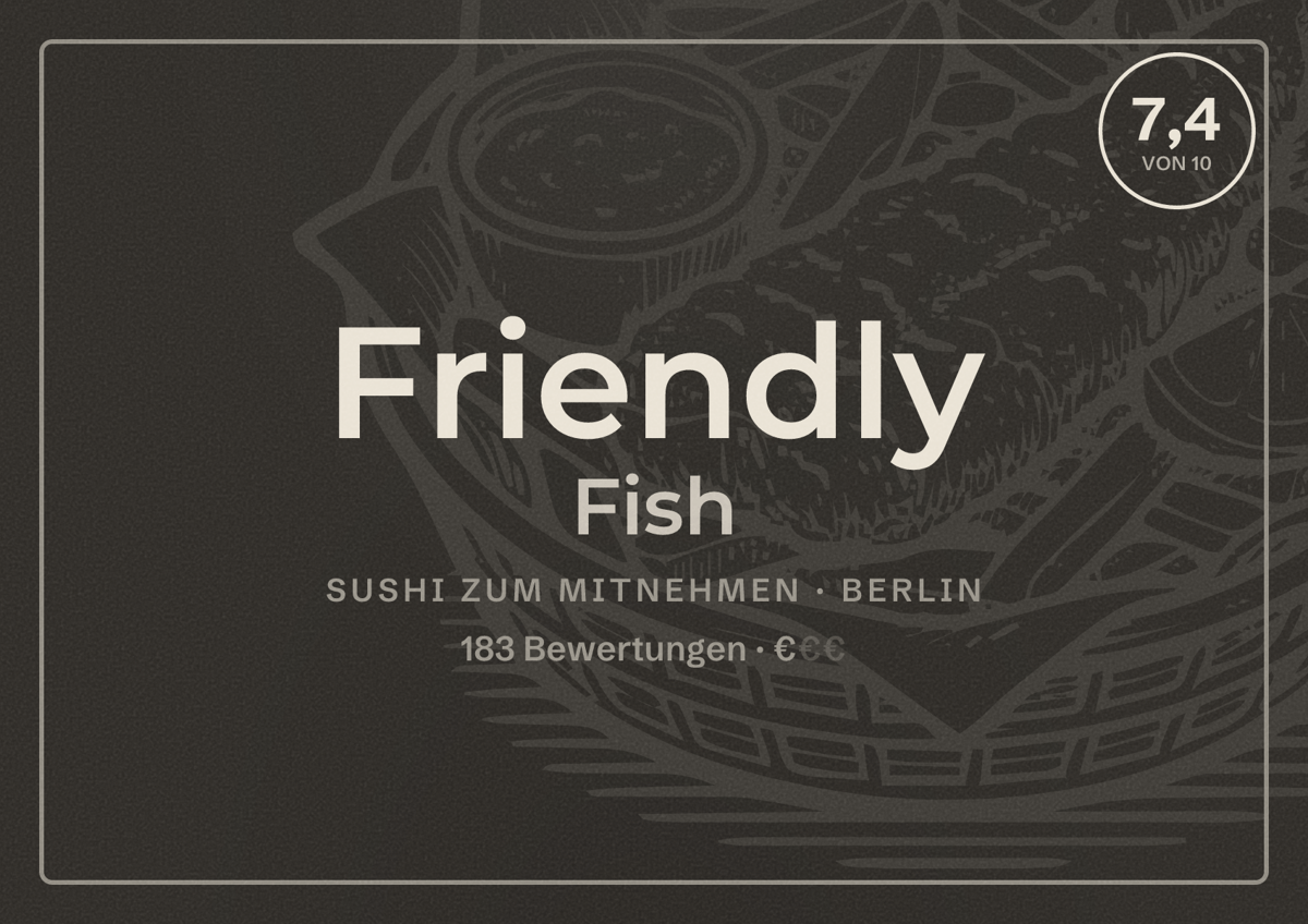 Illustriertes Poster von Friendly Fish, Sushi zum Mitnehmen in Berlin: Bewertung 7,4 von 10 aus 183 Bewertungen, Preisniveau €
