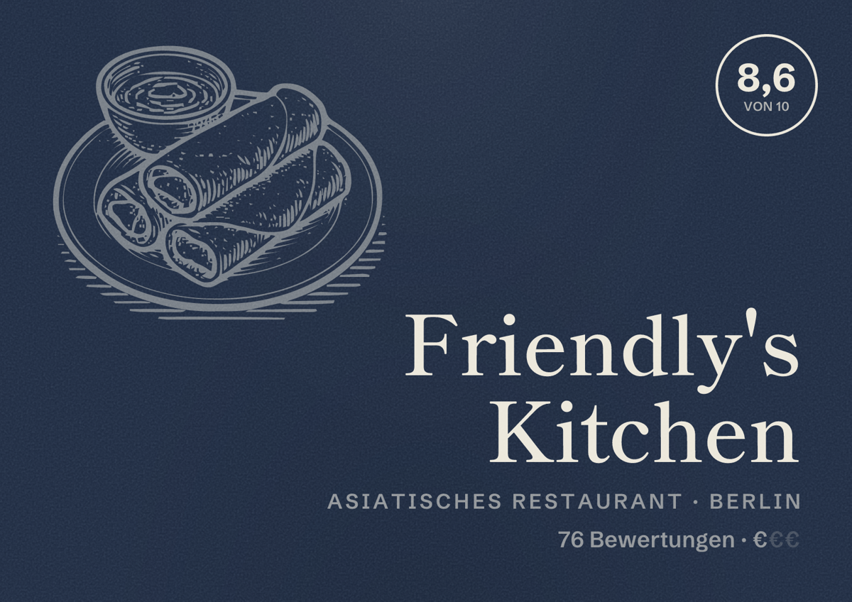 Illustriertes Poster von Friendly's Kitchen, Asiatisches Restaurant in Berlin: Bewertung 8,6 von 10 aus 76 Bewertungen, Preisniveau €