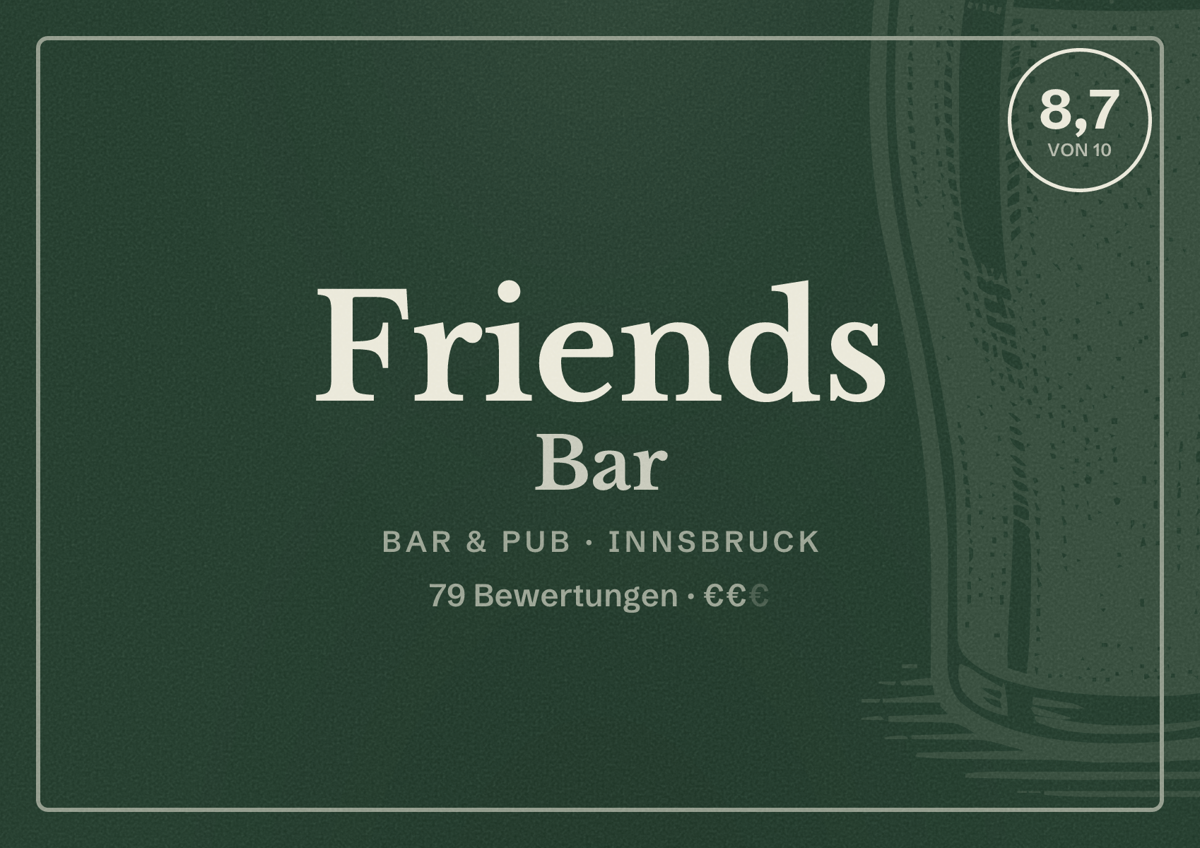 Illustriertes Poster von Friends Bar, Bar & Pub in Innsbruck: Bewertung 8,7 von 10 aus 79 Bewertungen, Preisniveau €€