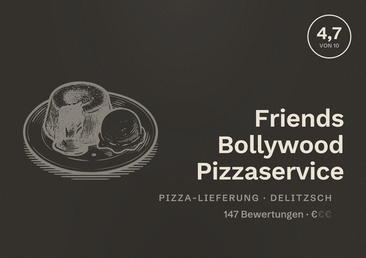 Illustriertes Poster von Friends Bollywood Pizzaservice, Pizza-Lieferung in Delitzsch: Bewertung 4,7 von 10 aus 147 Bewertungen, Preisniveau €