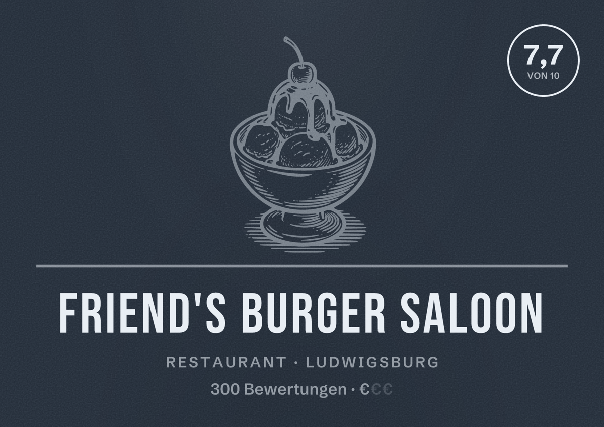 Illustriertes Poster von Friend's Burger Saloon, Restaurant in Ludwigsburg: Bewertung 7,7 von 10 aus 300 Bewertungen, Preisniveau €