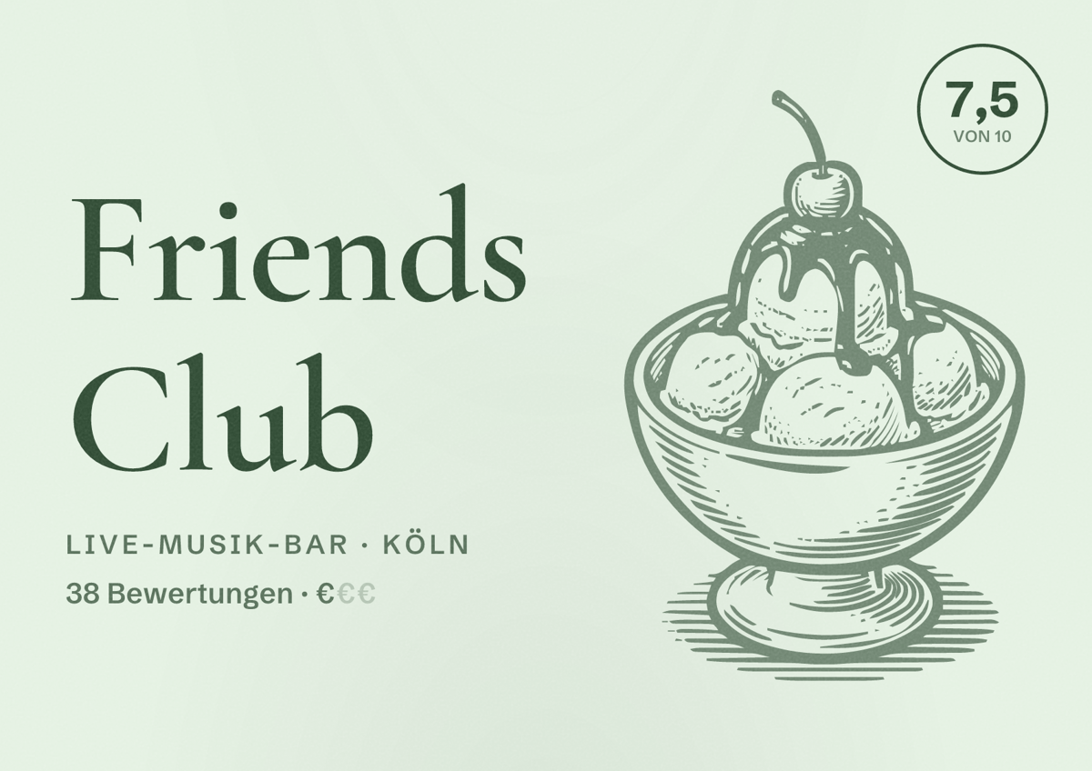Illustriertes Poster von Friends Club, Live-Musik-Bar in Köln: Bewertung 7,5 von 10 aus 38 Bewertungen, Preisniveau €