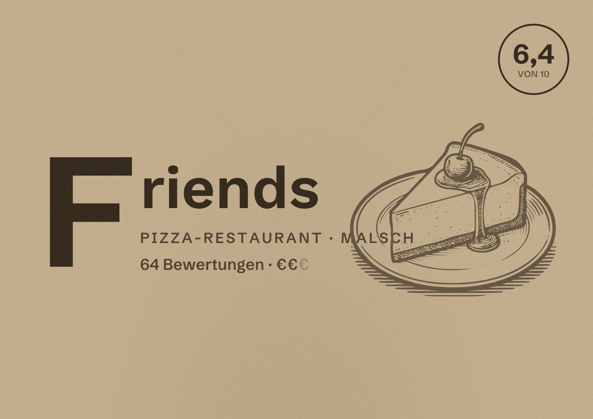 Illustriertes Poster von Friends, Pizza-Restaurant in Malsch: Bewertung 6,4 von 10 aus 64 Bewertungen, Preisniveau €€