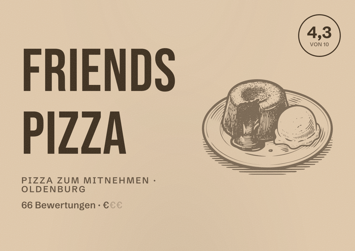 Illustriertes Poster von Friends Pizza, Pizza zum Mitnehmen in Oldenburg: Bewertung 4,3 von 10 aus 66 Bewertungen, Preisniveau €