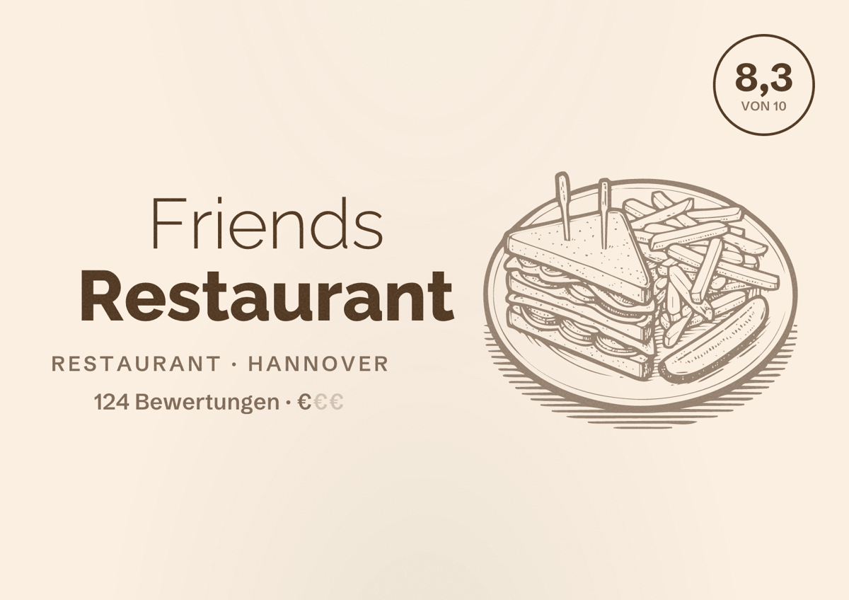 Illustriertes Poster von Friends Restaurant, Restaurant in Hannover: Bewertung 8,3 von 10 aus 124 Bewertungen, Preisniveau €