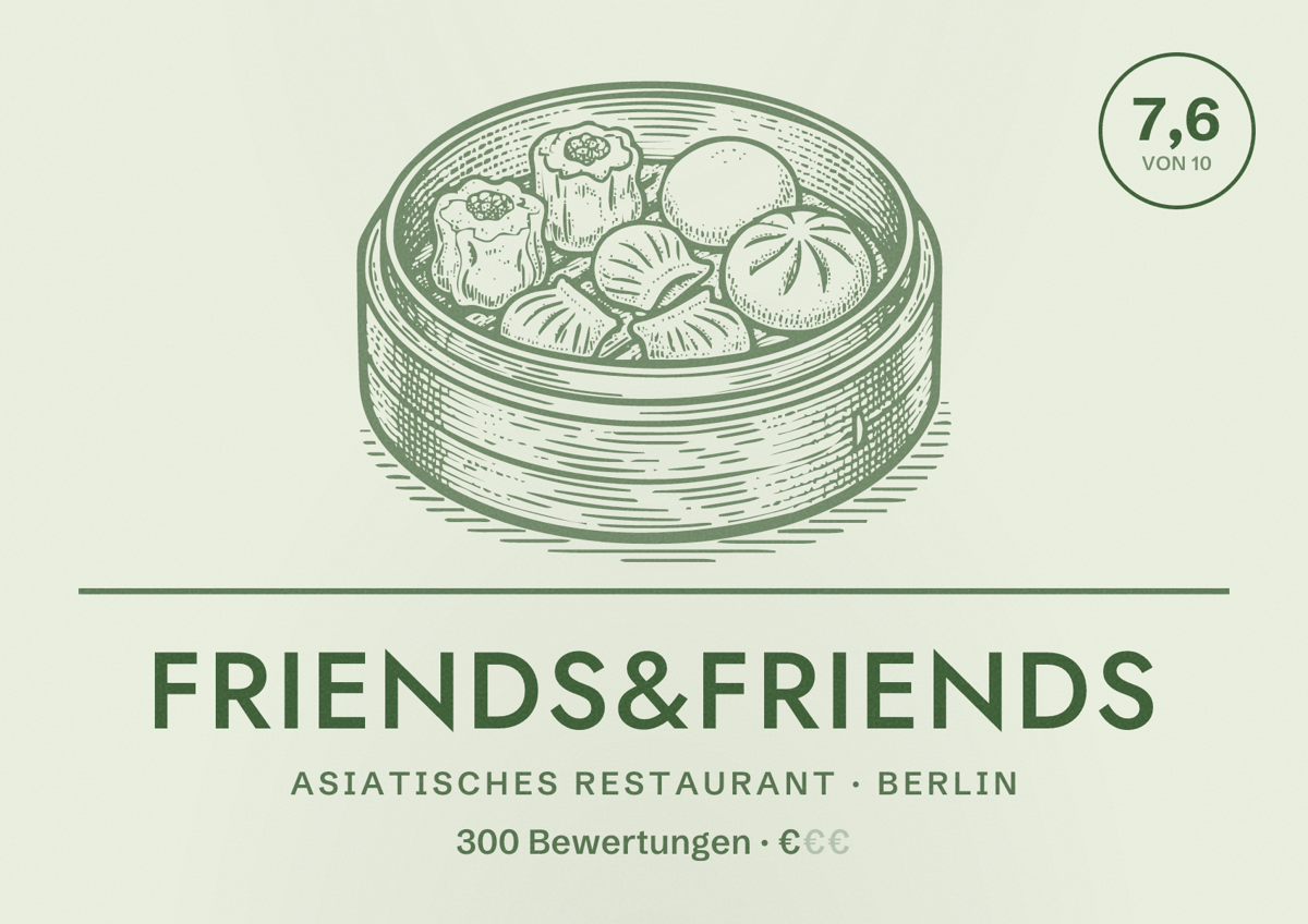 Illustriertes Poster von friends&friends, Asiatisches Restaurant in Berlin: Bewertung 7,6 von 10 aus 300 Bewertungen, Preisniveau €