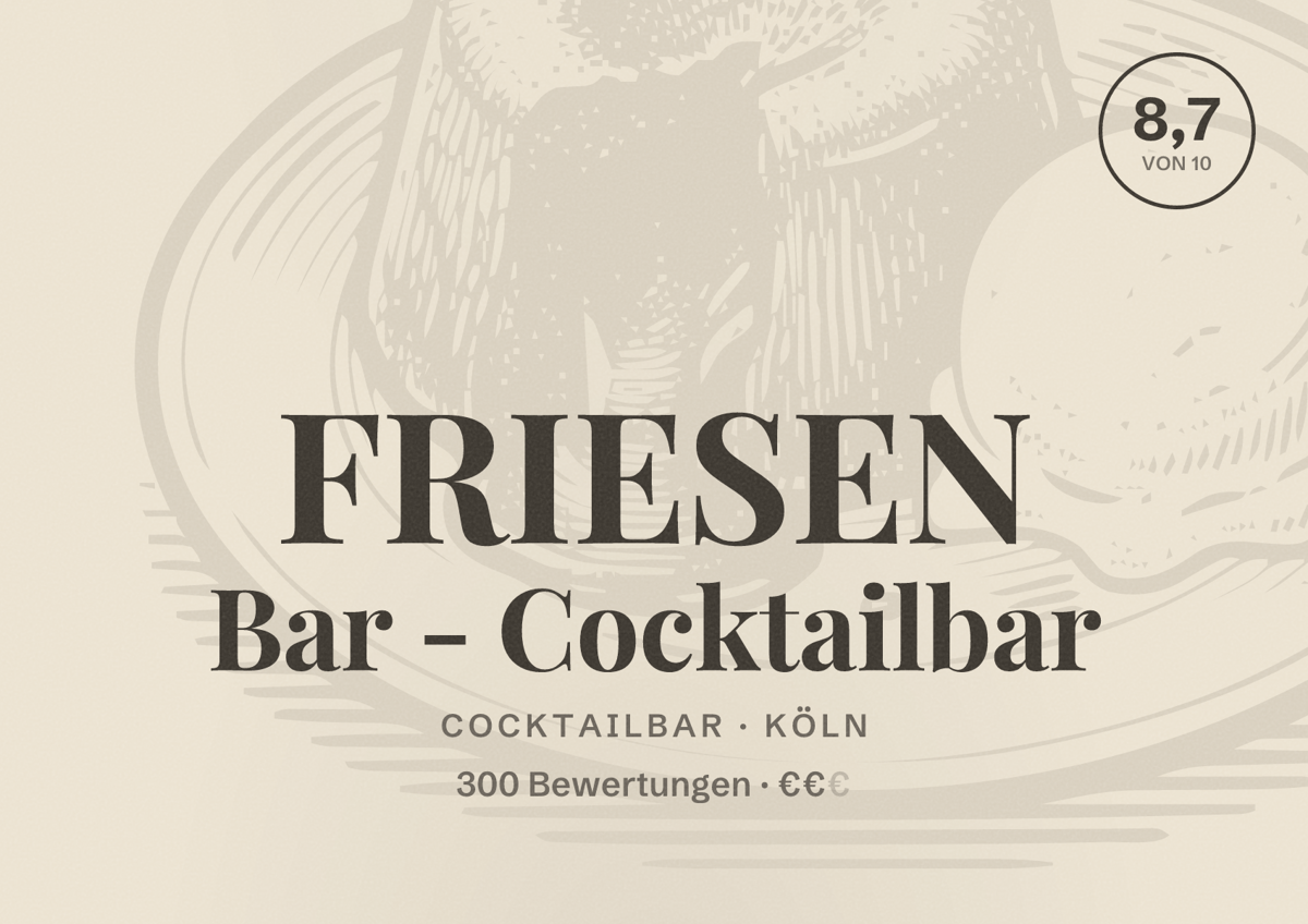 Illustriertes Poster von FRIESEN Bar - Cocktailbar, Cocktailbar in Köln: Bewertung 8,7 von 10 aus 300 Bewertungen, Preisniveau €€