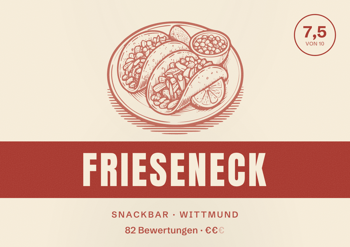 Illustriertes Poster von Frieseneck, Snackbar in Wittmund: Bewertung 7,5 von 10 aus 82 Bewertungen, Preisniveau €€