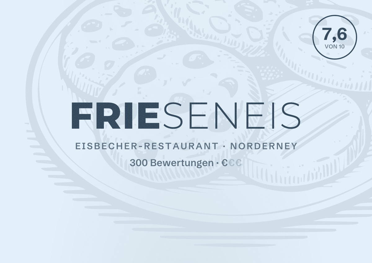 Illustriertes Poster von Frieseneis, Eisbecher-Restaurant in Norderney: Bewertung 7,6 von 10 aus 300 Bewertungen, Preisniveau €