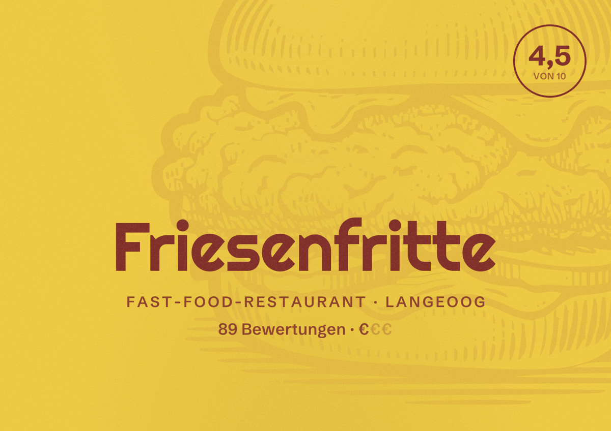 Illustriertes Poster von Friesenfritte, Fast-Food-Restaurant in Langeoog: Bewertung 4,5 von 10 aus 89 Bewertungen, Preisniveau €
