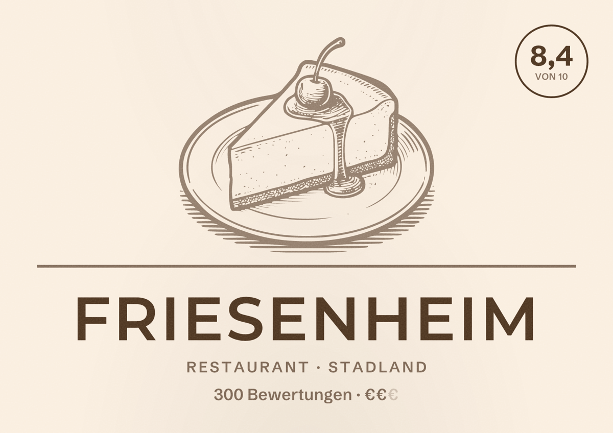 Illustriertes Poster von Friesenheim, Restaurant in Stadland: Bewertung 8,4 von 10 aus 300 Bewertungen, Preisniveau €€
