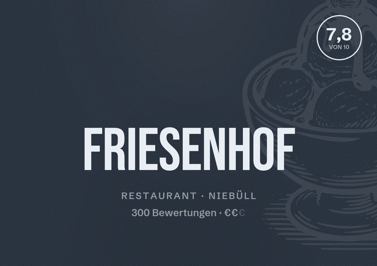Illustriertes Poster von Friesenhof, Restaurant in Niebüll: Bewertung 7,8 von 10 aus 300 Bewertungen, Preisniveau €€