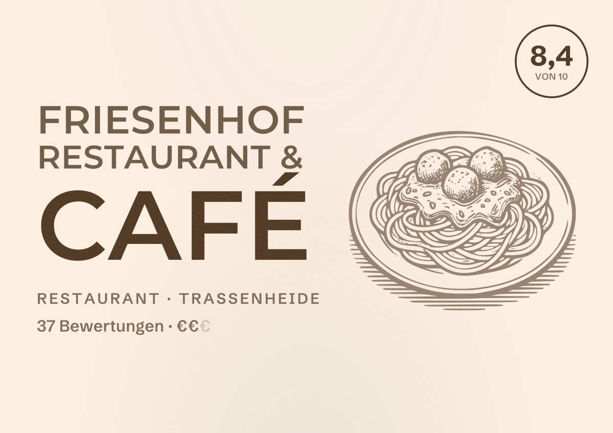 Illustriertes Poster von FRIESENHOF Restaurant & Café, Restaurant in Trassenheide: Bewertung 8,4 von 10 aus 37 Bewertungen, Preisniveau €€
