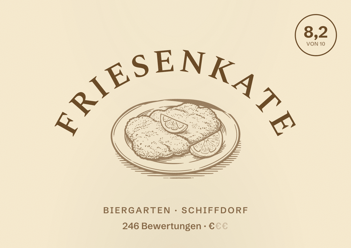 Illustriertes Poster von Friesenkate, Biergarten in Schiffdorf: Bewertung 8,2 von 10 aus 246 Bewertungen, Preisniveau €