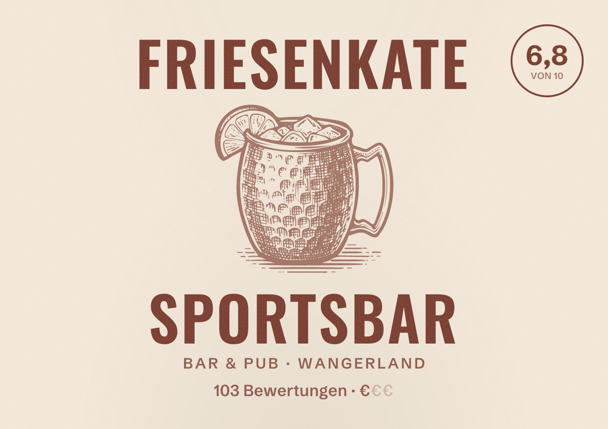 Illustriertes Poster von Friesenkate Sportsbar, Bar & Pub in Wangerland: Bewertung 6,8 von 10 aus 103 Bewertungen, Preisniveau €