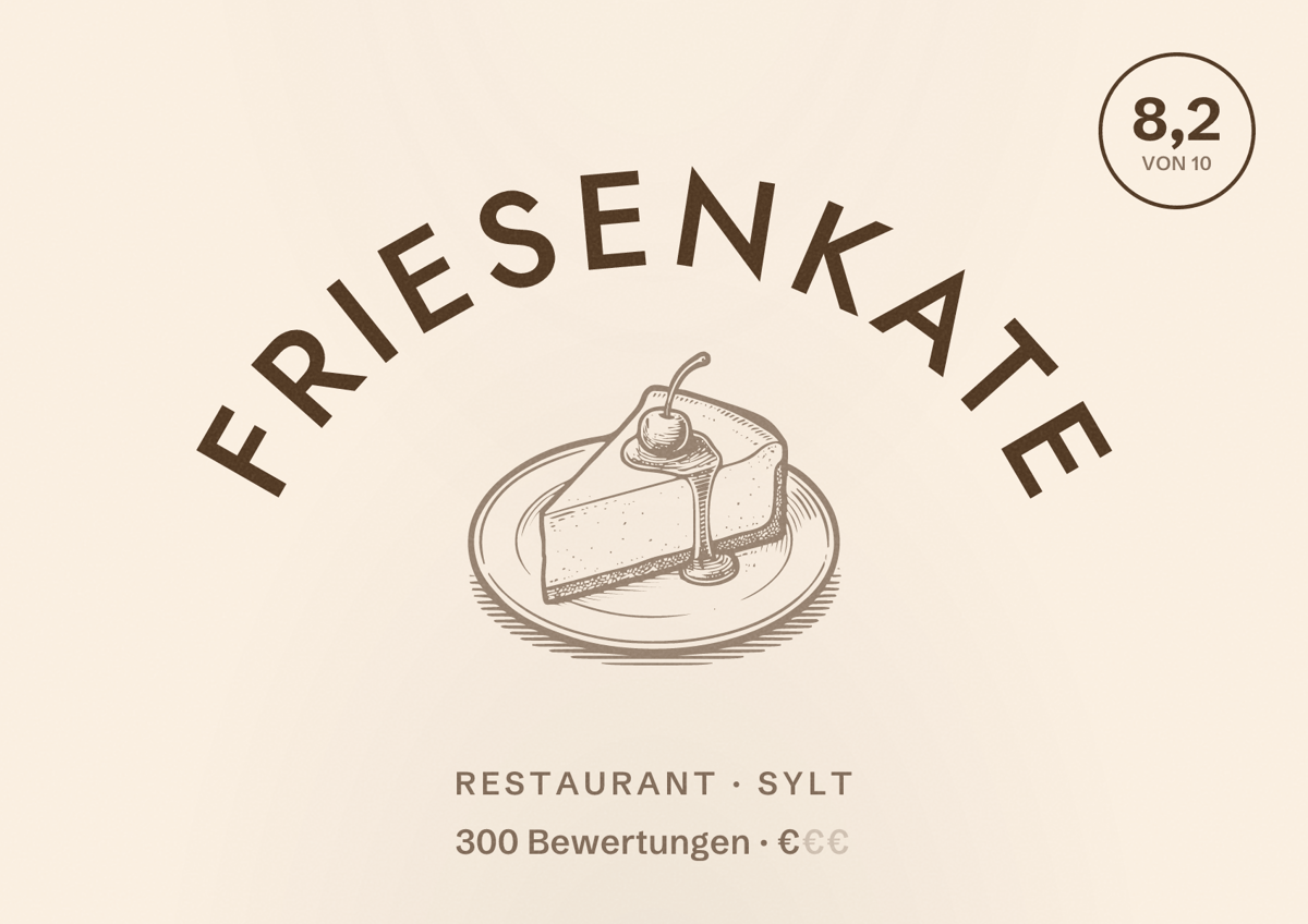 Illustriertes Poster von Friesenkate, Restaurant in Sylt: Bewertung 8,2 von 10 aus 300 Bewertungen, Preisniveau €