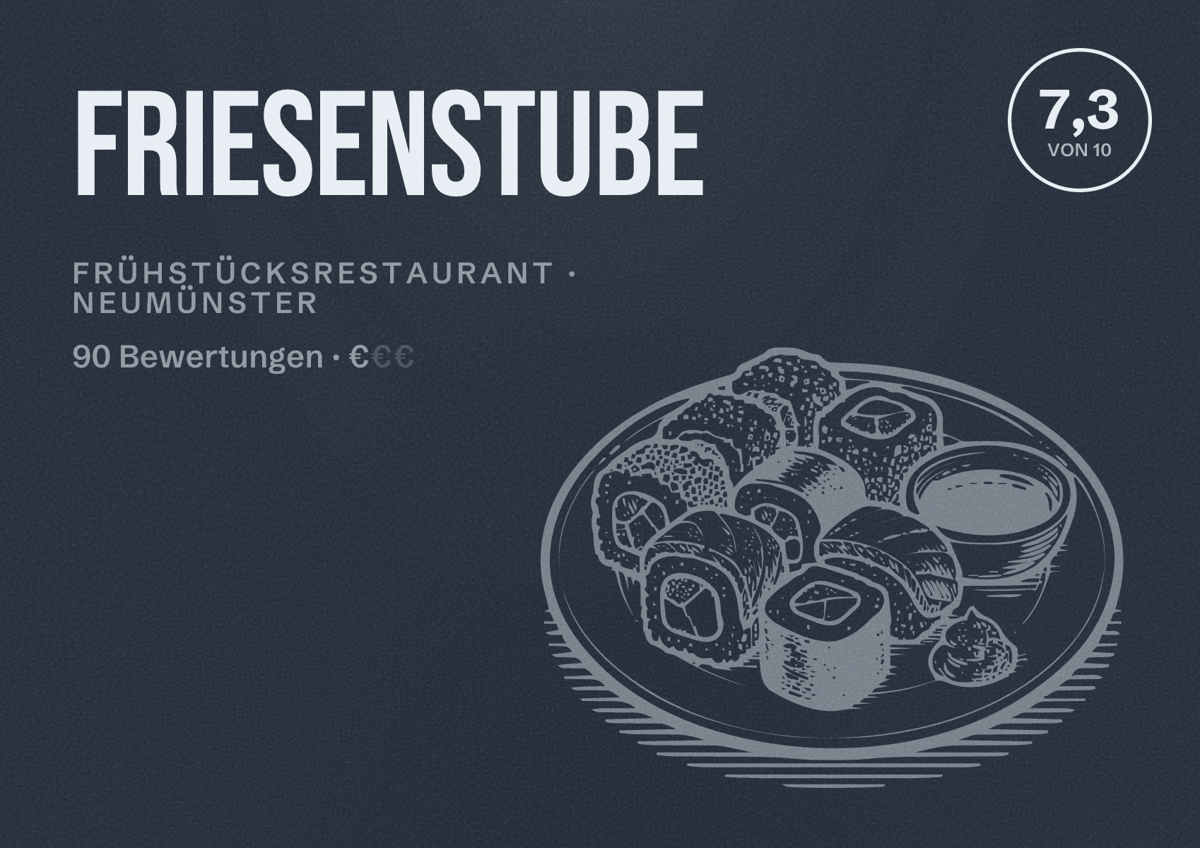 Illustriertes Poster von friesenstube, Frühstücksrestaurant in Neumünster: Bewertung 7,3 von 10 aus 90 Bewertungen, Preisniveau €
