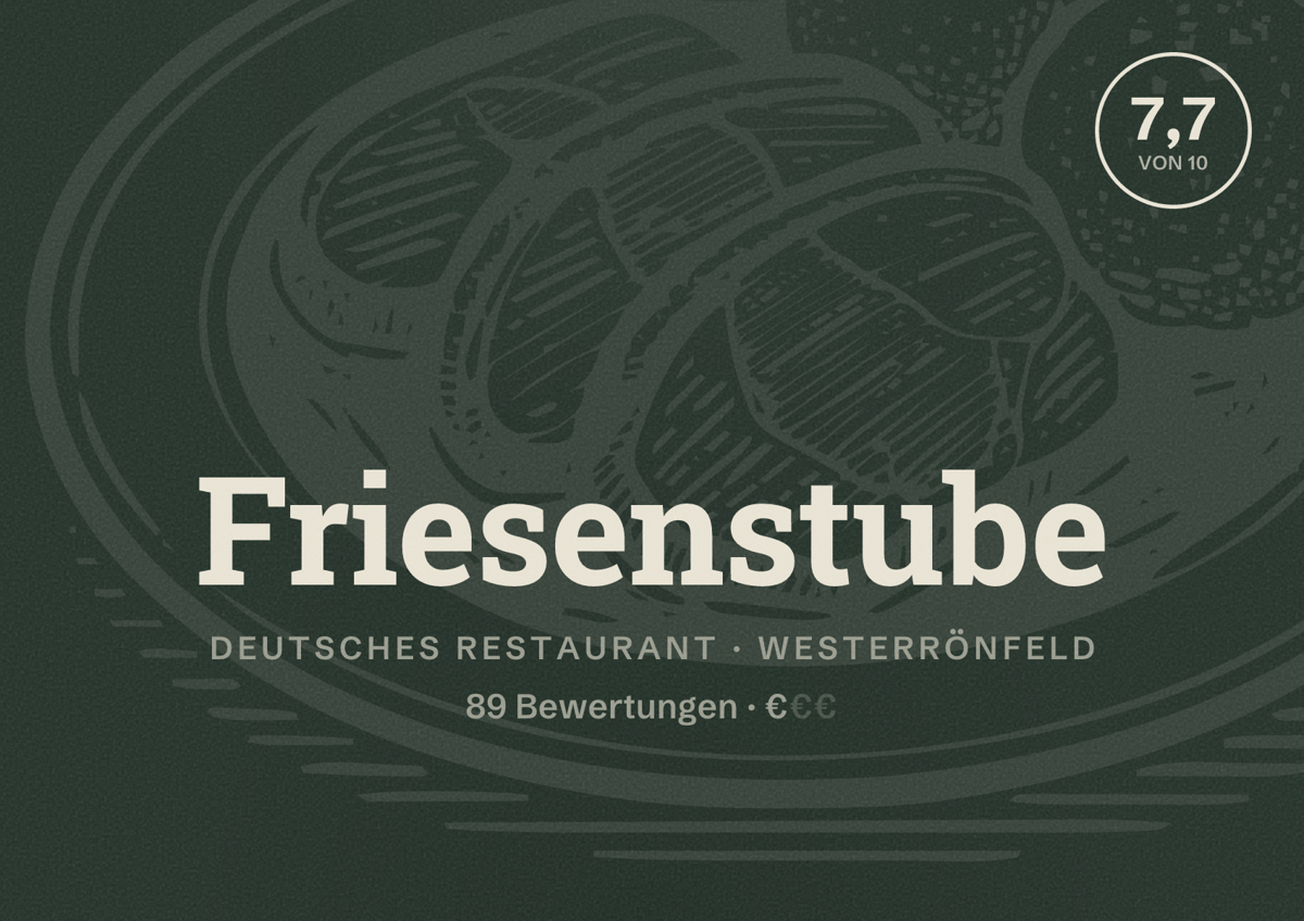 Illustriertes Poster von Friesenstube, Deutsches Restaurant in Westerrönfeld: Bewertung 7,7 von 10 aus 89 Bewertungen, Preisniveau €