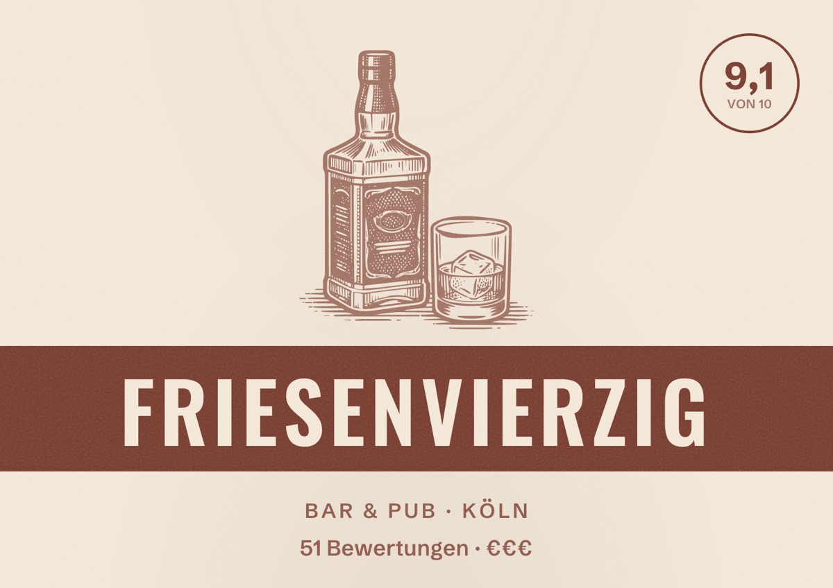 Illustriertes Poster von FRIESENVIERZIG, Bar & Pub in Köln: Bewertung 9,1 von 10 aus 51 Bewertungen, Preisniveau €€€