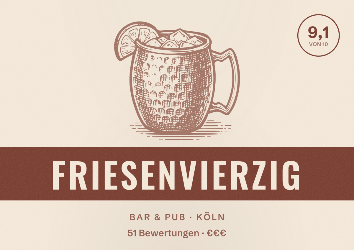 Illustriertes Poster von FRIESENVIERZIG, Bar & Pub in Köln: Bewertung 9,1 von 10 aus 51 Bewertungen, Preisniveau €€€