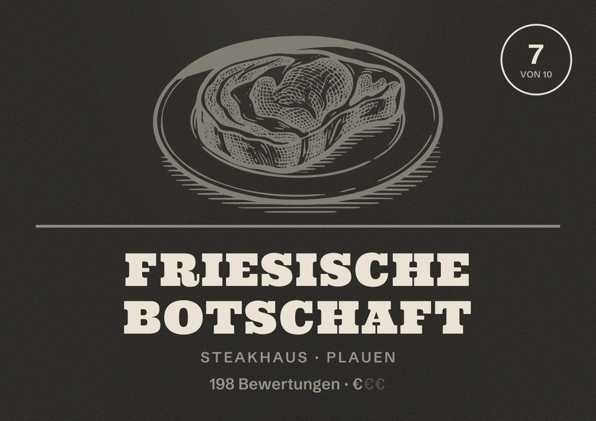 Illustriertes Poster von Friesische Botschaft, Steakhaus in Plauen: Bewertung 7 von 10 aus 198 Bewertungen, Preisniveau €