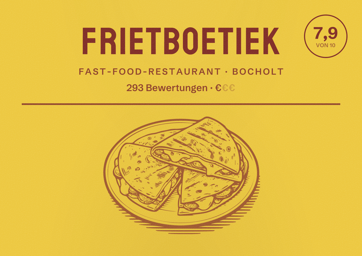 Illustriertes Poster von Frietboetiek, Fast-Food-Restaurant in Bocholt: Bewertung 7,9 von 10 aus 293 Bewertungen, Preisniveau €