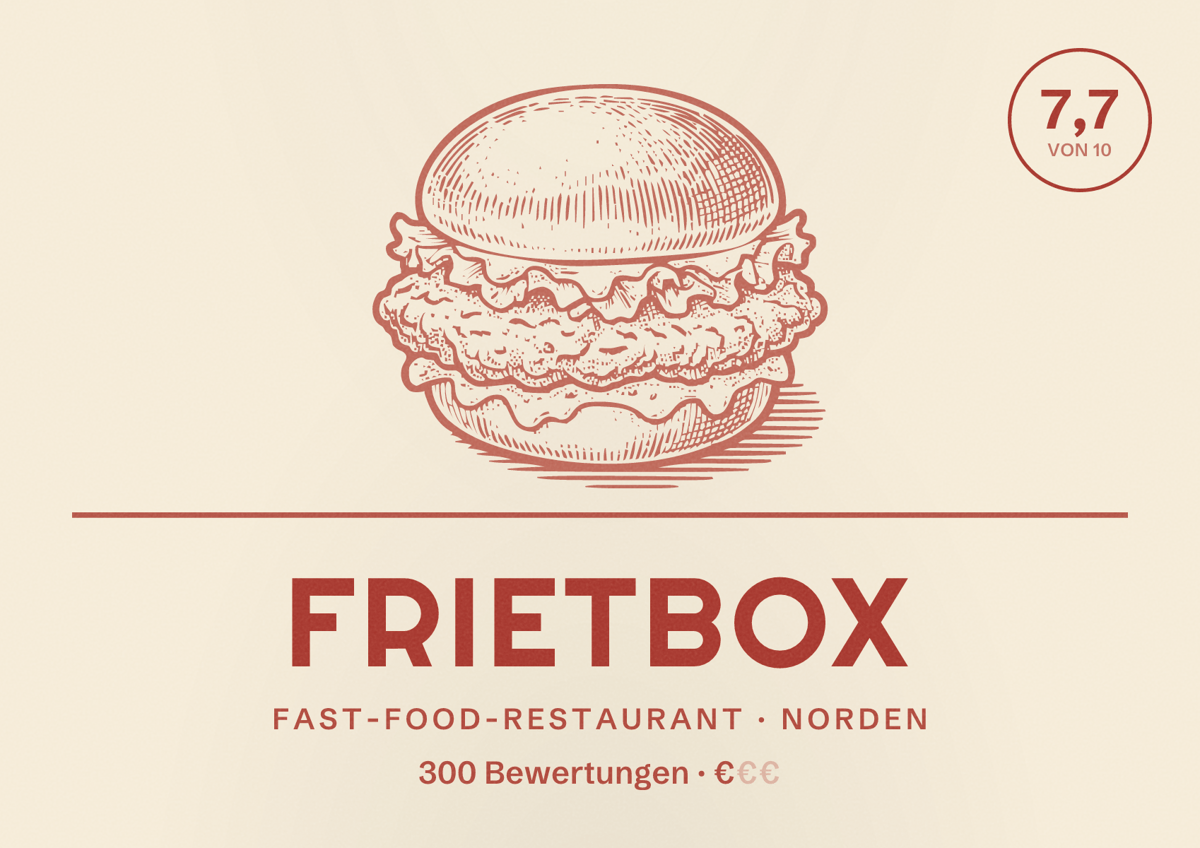 Illustriertes Poster von FRIETBOX, Fast-Food-Restaurant in Norden: Bewertung 7,7 von 10 aus 300 Bewertungen, Preisniveau €