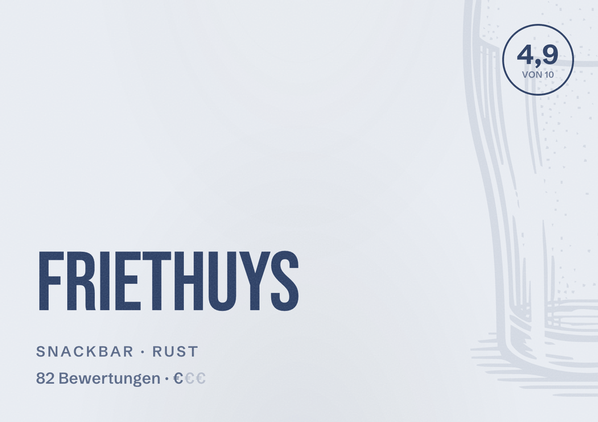 Illustriertes Poster von Friethuys, Snackbar in Rust: Bewertung 4,9 von 10 aus 82 Bewertungen, Preisniveau €