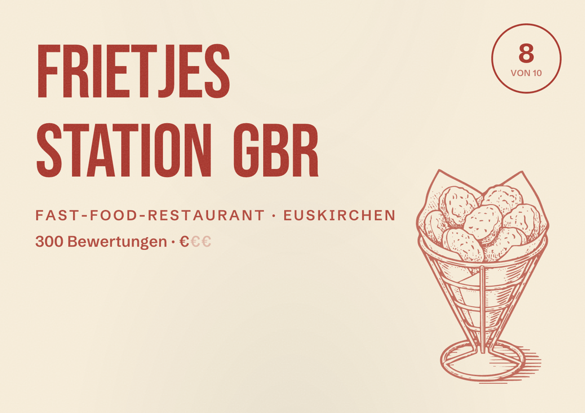 Illustriertes Poster von Frietjes Station GbR, Fast-Food-Restaurant in Euskirchen: Bewertung 8 von 10 aus 300 Bewertungen, Preisniveau €