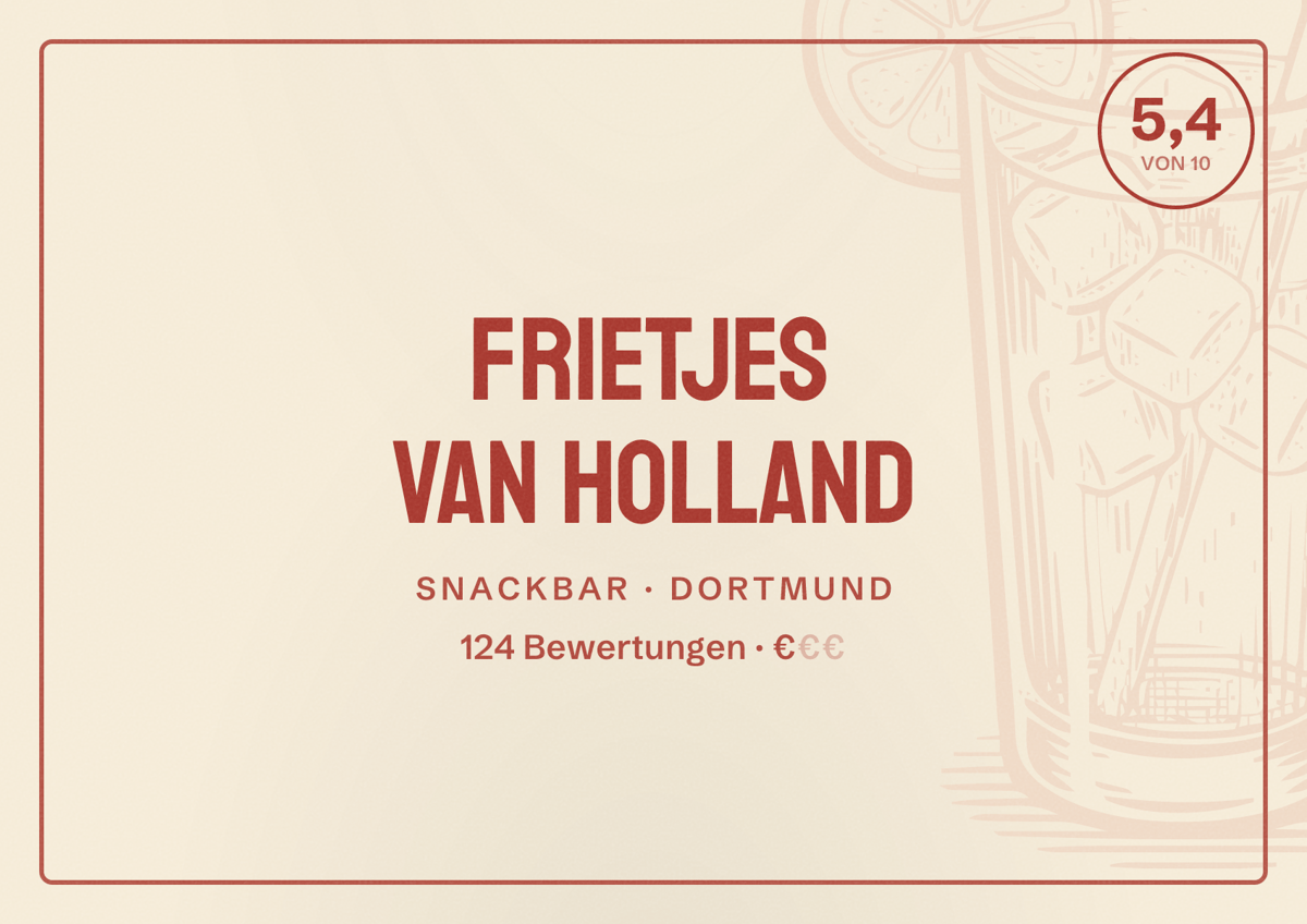 Illustriertes Poster von Frietjes van Holland, Snackbar in Dortmund: Bewertung 5,4 von 10 aus 124 Bewertungen, Preisniveau €