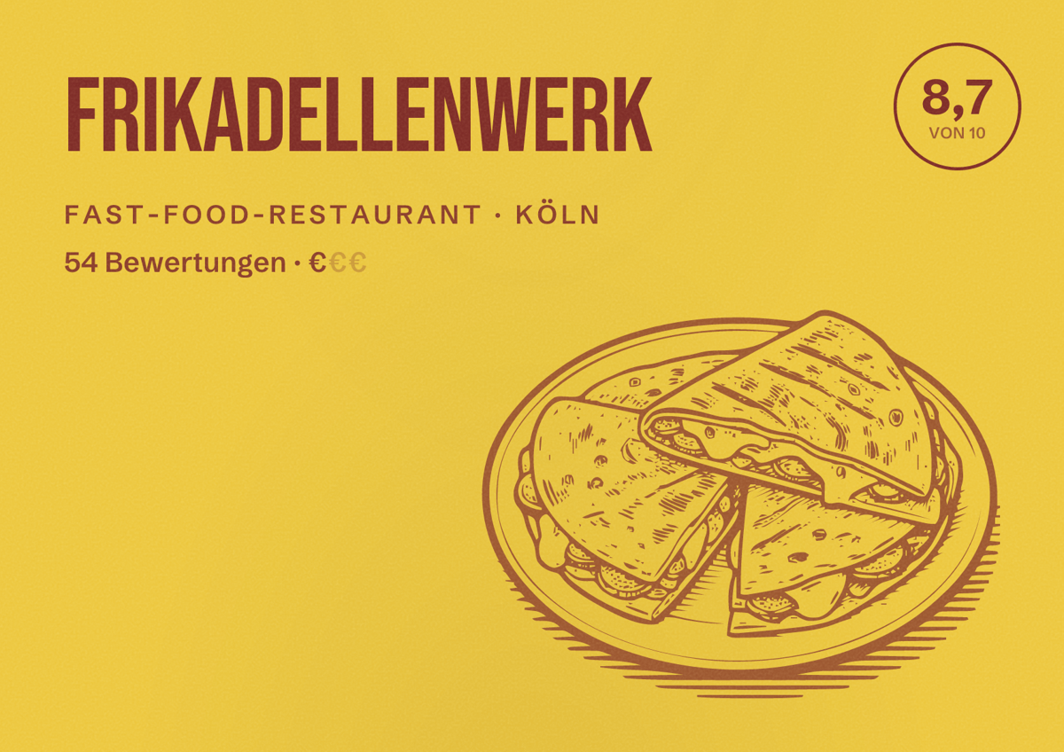 Illustriertes Poster von Frikadellenwerk, Fast-Food-Restaurant in Köln: Bewertung 8,7 von 10 aus 54 Bewertungen, Preisniveau €