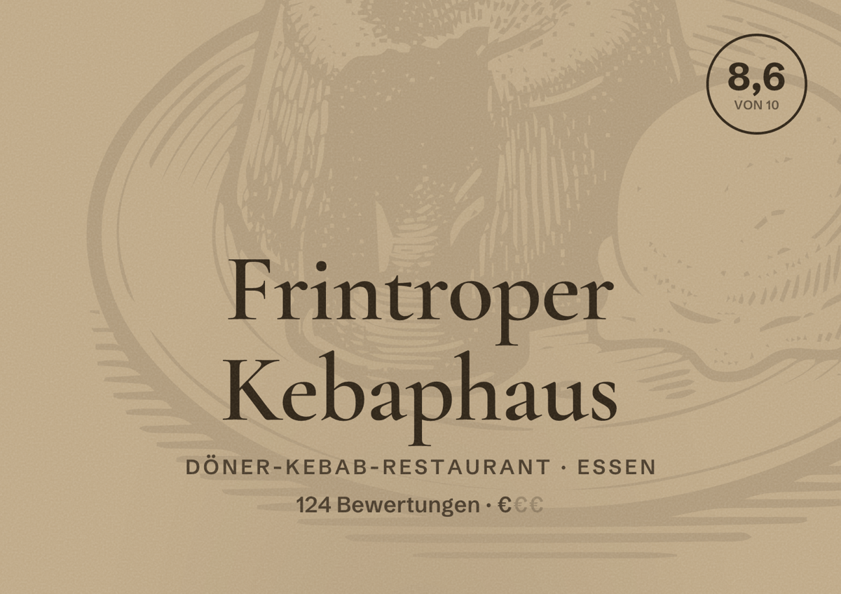 Illustriertes Poster von Frintroper Kebaphaus, Döner-Kebab-Restaurant in Essen: Bewertung 8,6 von 10 aus 124 Bewertungen, Preisniveau €