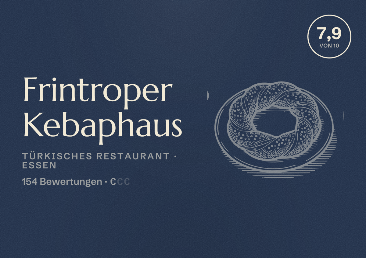 Illustriertes Poster von Frintroper Kebaphaus, Türkisches Restaurant in Essen: Bewertung 7,9 von 10 aus 154 Bewertungen, Preisniveau €