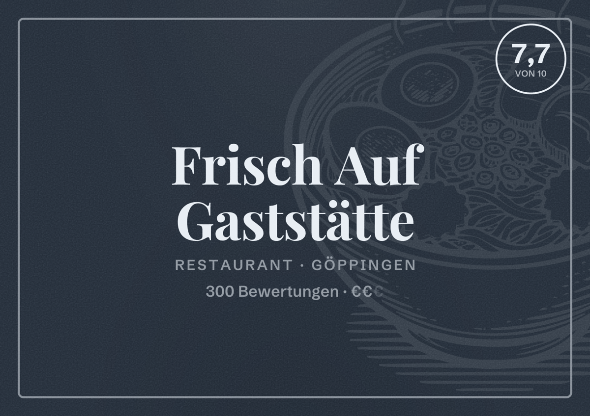 Illustriertes Poster von Frisch Auf Gaststätte, Restaurant in Göppingen: Bewertung 7,7 von 10 aus 300 Bewertungen, Preisniveau €€