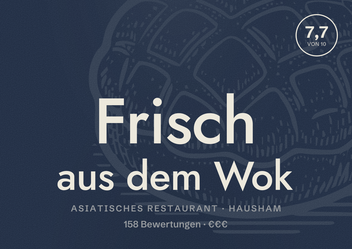 Illustriertes Poster von Frisch aus dem Wok, Asiatisches Restaurant in Hausham: Bewertung 7,7 von 10 aus 158 Bewertungen, Preisniveau €€€