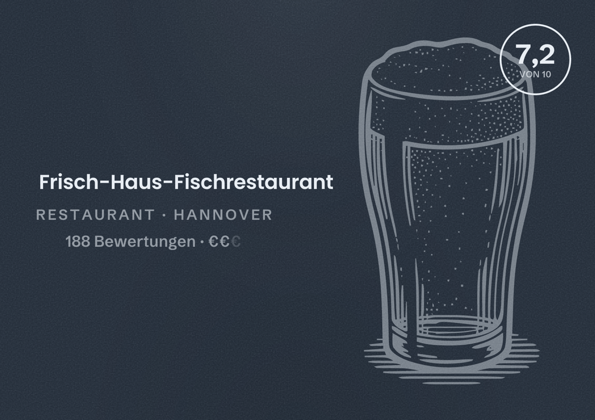 Illustriertes Poster von Frisch-Haus-Fischrestaurant, Restaurant in Hannover: Bewertung 7,2 von 10 aus 188 Bewertungen, Preisniveau €€