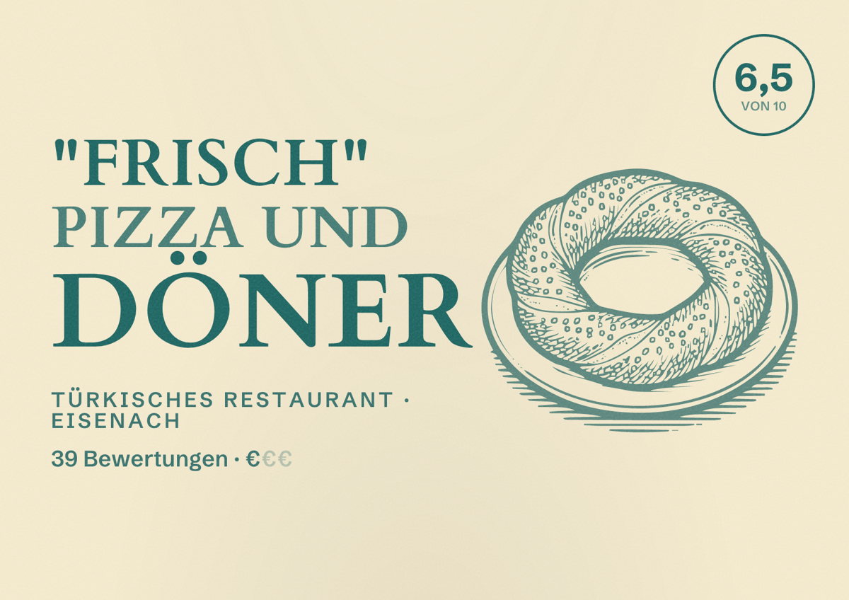 Illustriertes Poster von "FRISCH" Pizza und Döner, Türkisches Restaurant in Eisenach: Bewertung 6,5 von 10 aus 39 Bewertungen, Preisniveau €