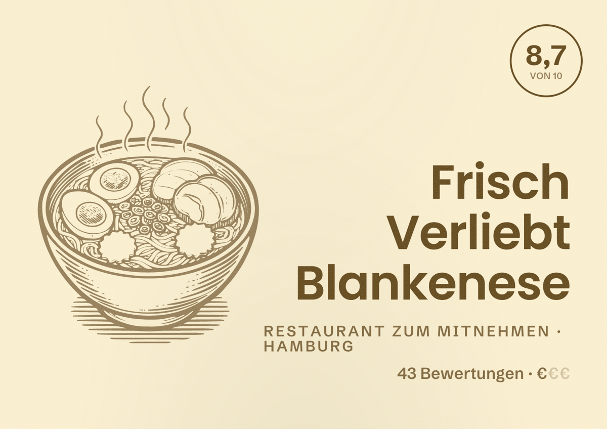 Illustriertes Poster von Frisch Verliebt Blankenese, Restaurant zum Mitnehmen in Hamburg: Bewertung 8,7 von 10 aus 43 Bewertungen, Preisniveau €