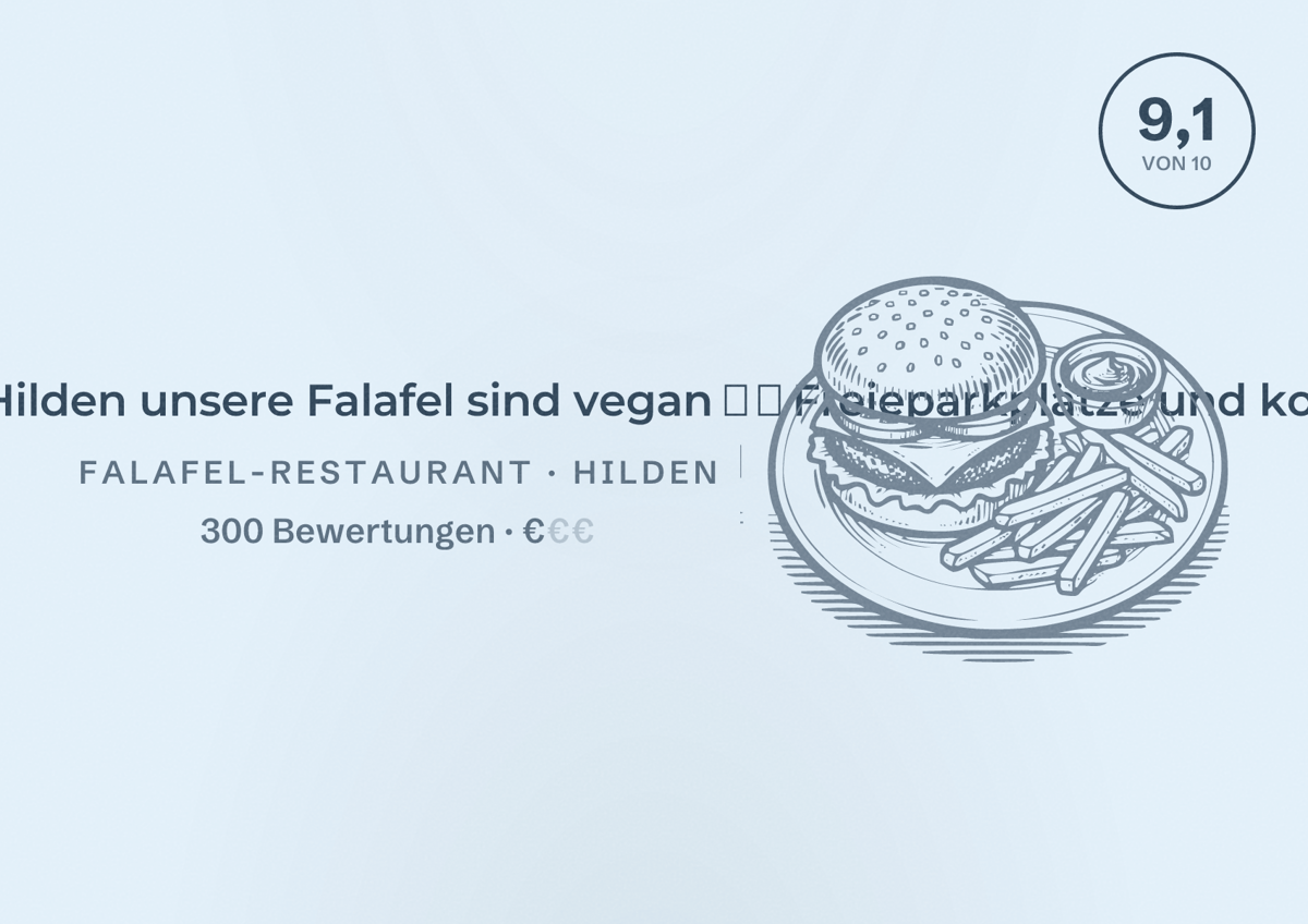 Illustriertes Poster von Frische Falafel und mehr, in Hilden unsere Falafel sind vegan ️ ️ Freieparkplätze und kostenlos, Falafel-Restaurant in Hilden: Bewertung 9,1 von 10 aus 300 Bewertungen, Preisniveau €