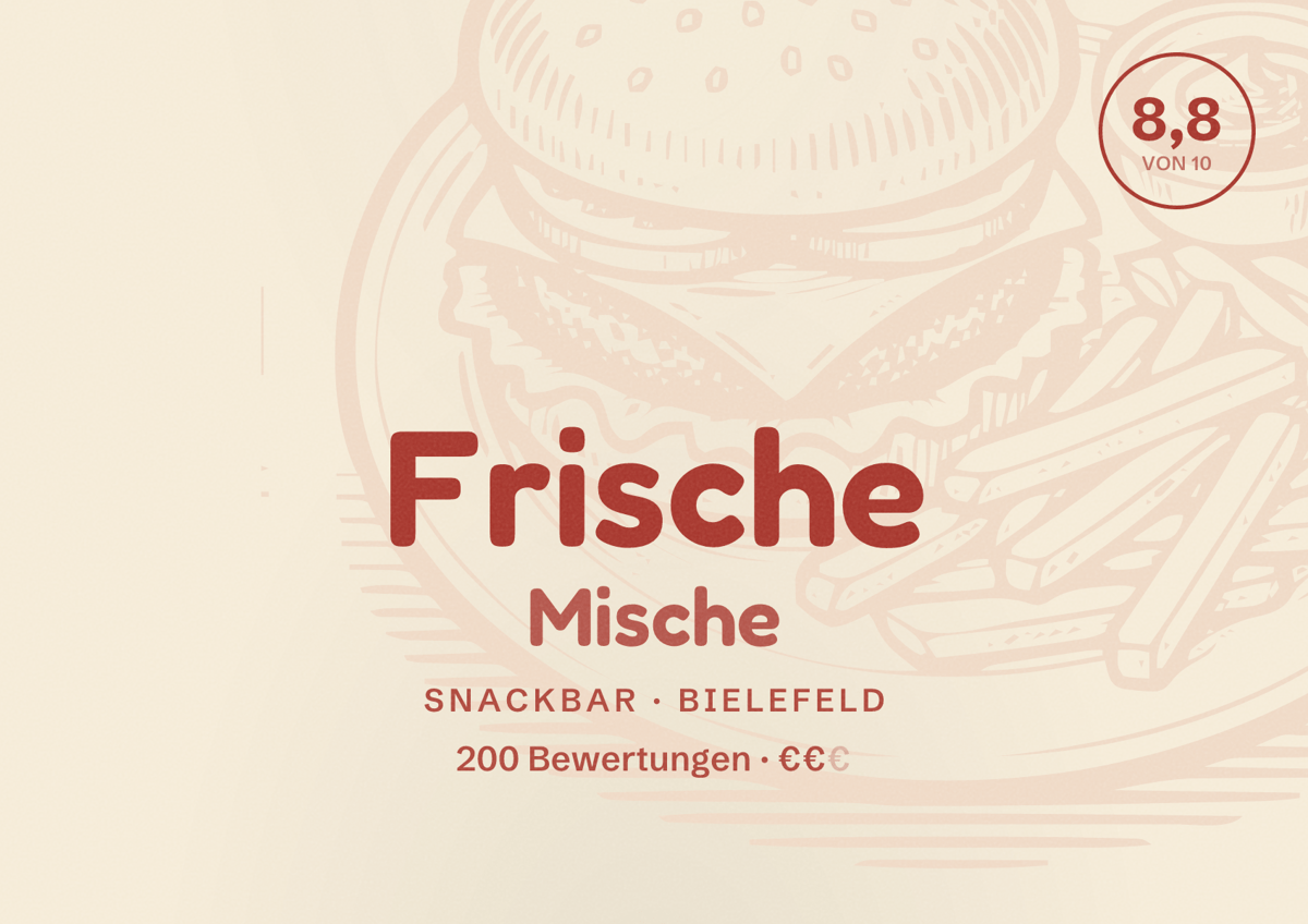 Illustriertes Poster von Frische Mische, Snackbar in Bielefeld: Bewertung 8,8 von 10 aus 200 Bewertungen, Preisniveau €€