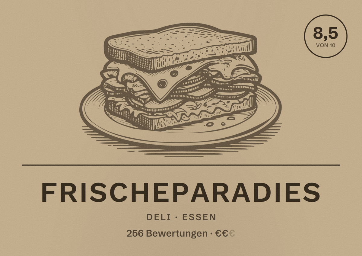Illustriertes Poster von FrischeParadies, Deli in Essen: Bewertung 8,5 von 10 aus 256 Bewertungen, Preisniveau €€