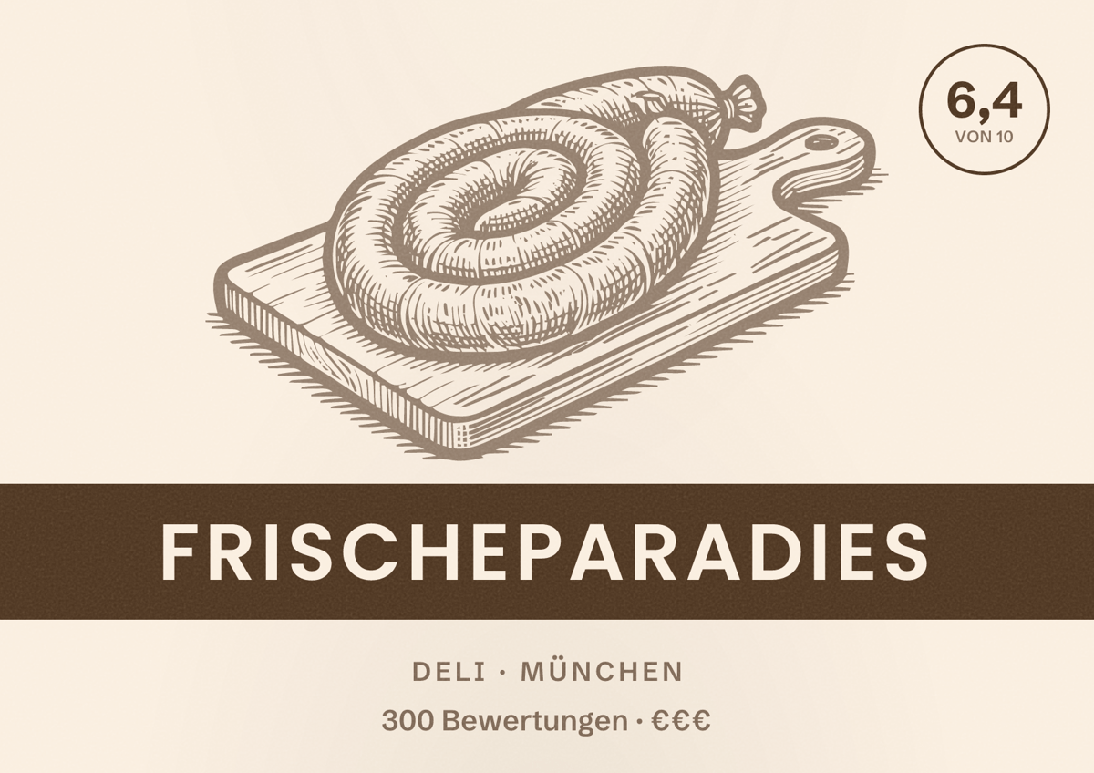 Illustriertes Poster von FrischeParadies, Deli in München: Bewertung 6,4 von 10 aus 300 Bewertungen, Preisniveau €€€