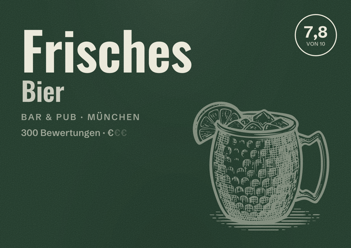 Illustriertes Poster von Frisches Bier, Bar & Pub in München: Bewertung 7,8 von 10 aus 300 Bewertungen, Preisniveau €