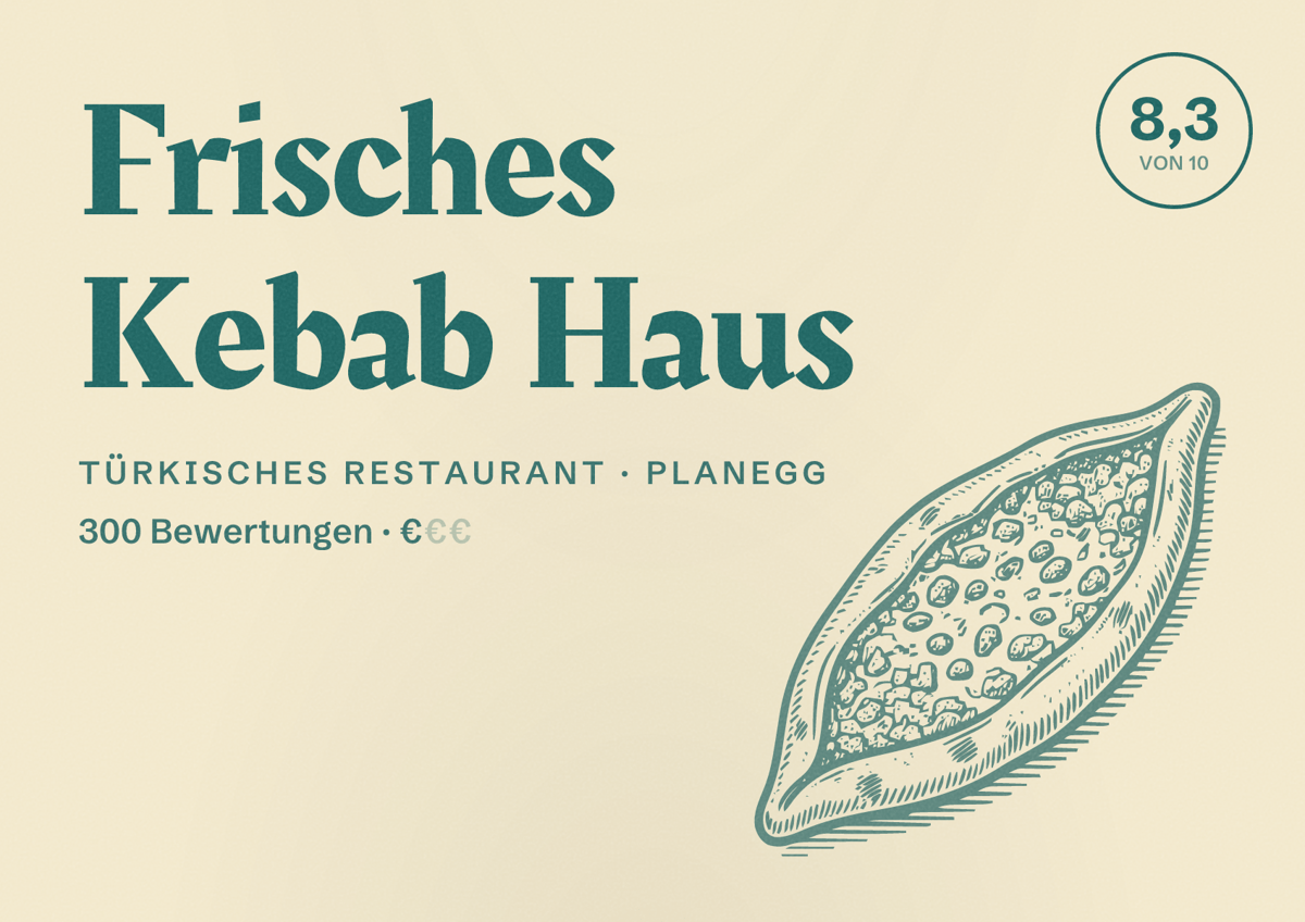 Illustriertes Poster von Frisches Kebab Haus, Türkisches Restaurant in Planegg: Bewertung 8,3 von 10 aus 300 Bewertungen, Preisniveau €