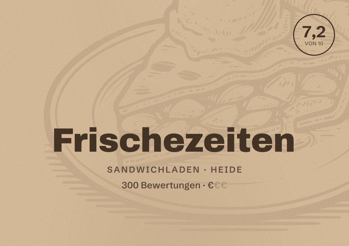 Illustriertes Poster von Frischezeiten, Sandwichladen in Heide: Bewertung 7,2 von 10 aus 300 Bewertungen, Preisniveau €