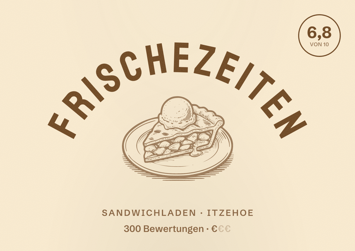 Illustriertes Poster von Frischezeiten, Sandwichladen in Itzehoe: Bewertung 6,8 von 10 aus 300 Bewertungen, Preisniveau €