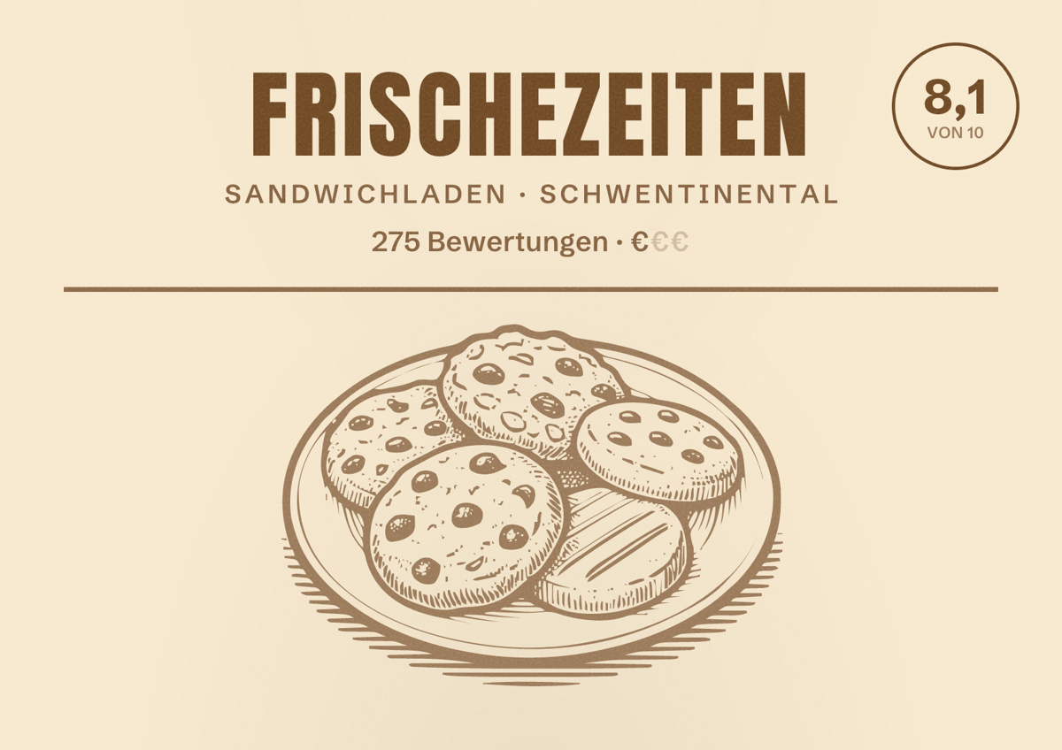 Illustriertes Poster von Frischezeiten, Sandwichladen in Schwentinental: Bewertung 8,1 von 10 aus 275 Bewertungen, Preisniveau €