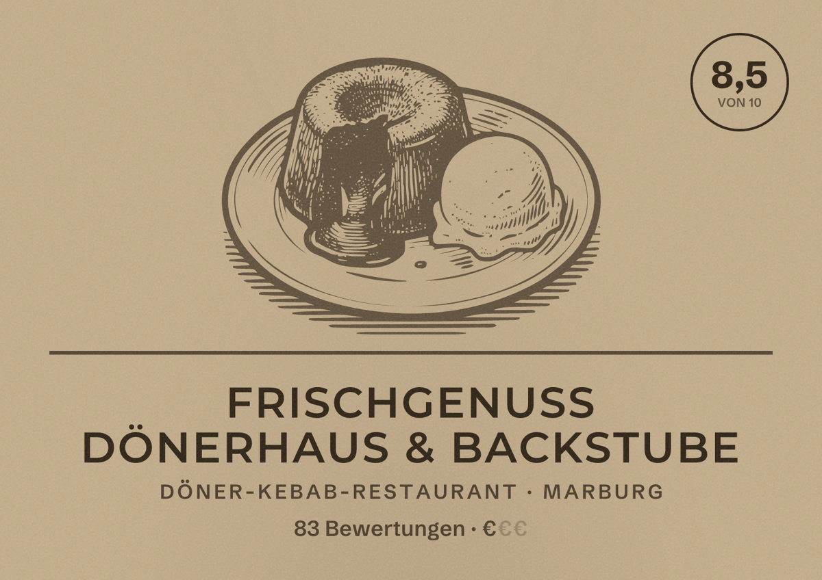 Illustriertes Poster von Frischgenuss Dönerhaus & Backstube, Döner-Kebab-Restaurant in Marburg: Bewertung 8,5 von 10 aus 83 Bewertungen, Preisniveau €